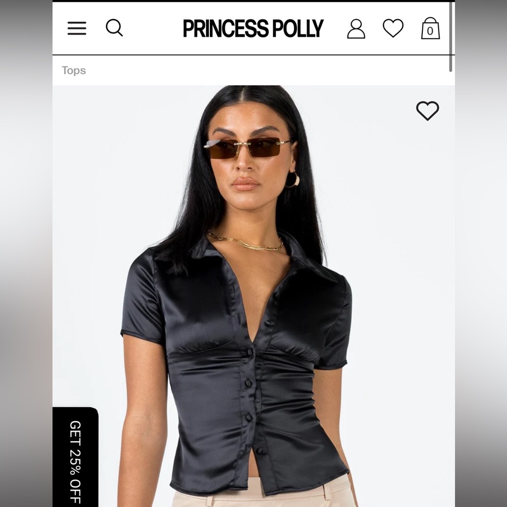 Princess Polly Black Satin Ruched Button-Down Top